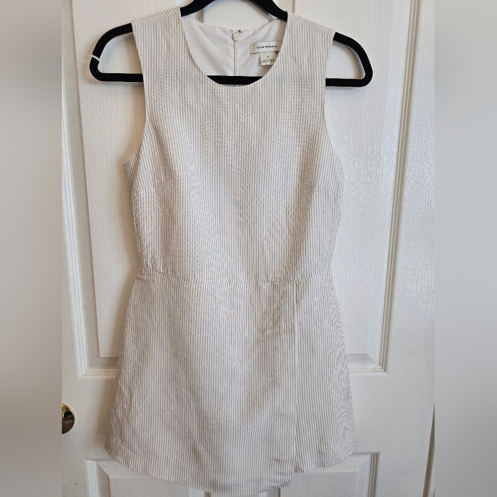 Club Monaco Linen Cream & Tan Pinstripe Sleeveless Mini Romper